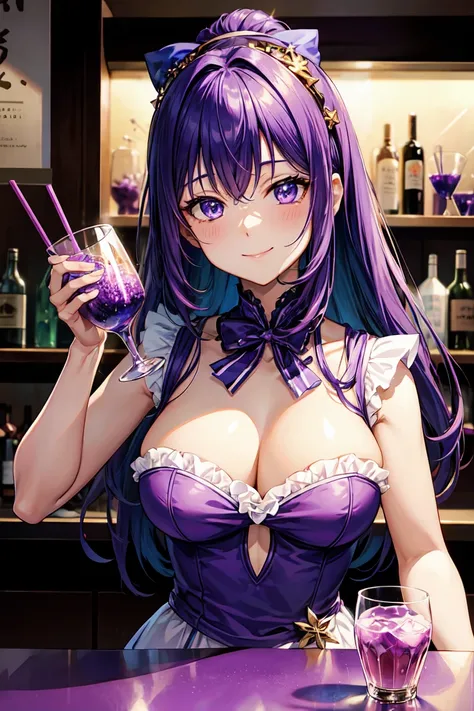 Close-up of Violet Fizz cocktail art displayed on a bar counter glowing at night, High quality waifu movie anime with avant-garde fashion style, A droopy-eyed Japanese idol girl is smiling while holding a cocktail glass. Shaker on the counter. Purple Refra...