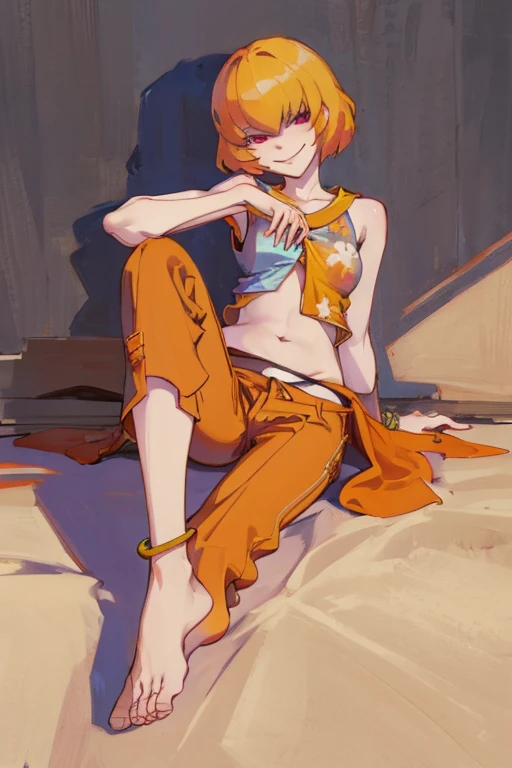 ((highest quality)), ((masterpiece)), (be familiar with),clementine,overload,{{nsfw}},sleeveless shirt,pants,bewitching smile,an...