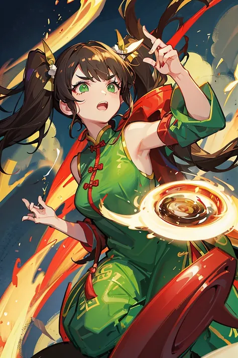 brown hair　twin tails　green eyes　thick eyebrows　Beauty　red cheongsam　fighting