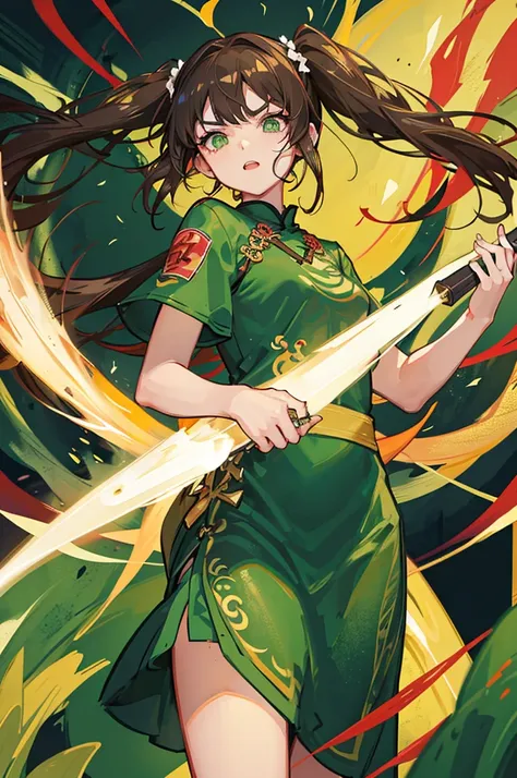 brown hair　twin tails　green eyes　thick eyebrows　Beauty　red cheongsam　fighting