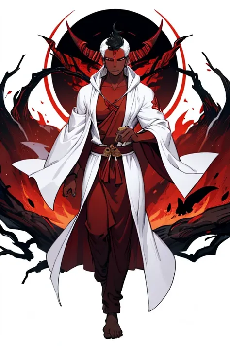 male, red eyes, demon, handsome, branch like horns, black skin, skull like head, (((1boy))), (((white Buddhists robes))), slightly muscular, long legs