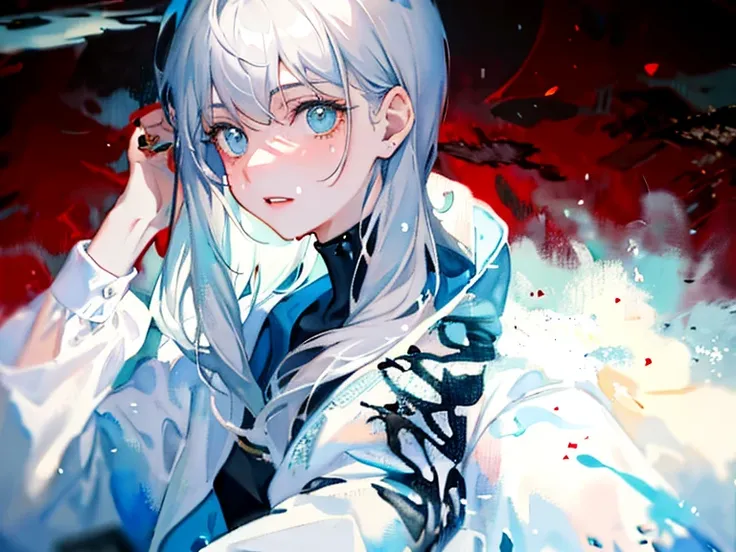 A stunningly beautiful young woman in an apocalyptic, devastated world, beautiful silver hair, Camouflage pattern combat suit, Portrait by Willem Henraets, watercolor, Wet-on-wet and splatter techniques, in the center, perfect composition, abstraction, sur...