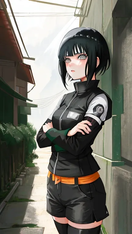 Anime Naruto Shippuden, a girl with short black hair with bangs, gray eyes, cute, naughty, and strong, wearing Korean clothes. 