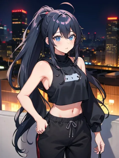 a beautiful cute anime girl,blue eyes,long black hair, ponytail,(high-details),crop top hoodie, black training pants,city(hd-view), headphones,(high-quality),