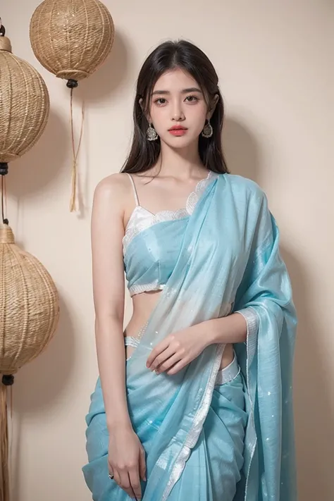 White tie-dyed silk saree with white, brown and aquamarine Nakshi Kantha embroidery. Comes with matching unstitched blouse piece attached at the end of saree. Blouse shown in the photo is a styling suggestion, it is not a part of the actual product.