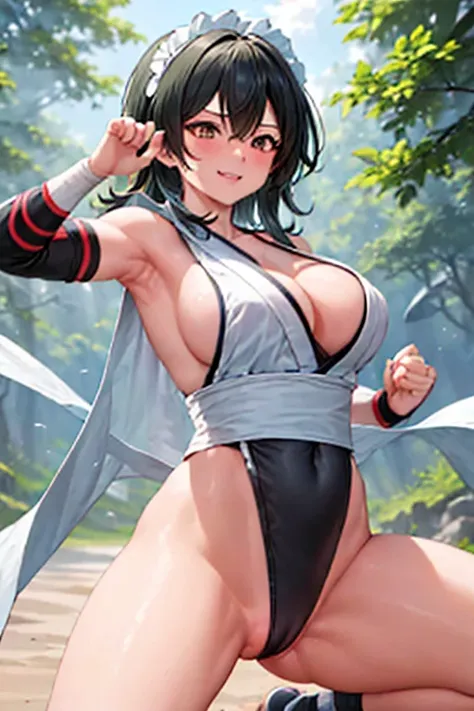 masterpiece, best quality, beautiful art, high resolution, well formed hands, body and fingers, 1 woman, solo, Lumine , adult, grown up  ,big breasted, cleavage, full body, black stockings, sleeveless, leotard peeking, pelvic curtain, sexy Japanese clothes...