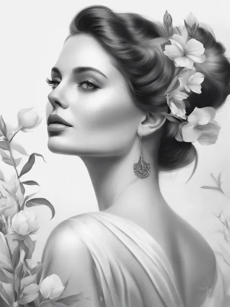 Create a Realistic drawing, made with Carvão pencil, 4k, black and white drawing of a woman with flowers in her hair, beautiful beautiful digital art, beautiful digital art, black and white artwork, beautiful digitalwork art, beautiful work of art, black &...