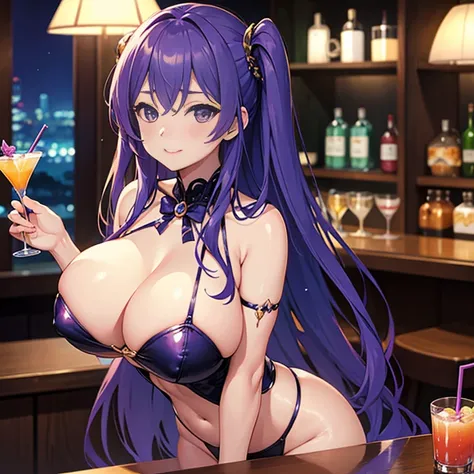 Close-up of Violet Fizz cocktail art displayed on a bar counter glowing at night, High quality waifu movie anime with avant-garde fashion style, A droopy-eyed Japanese idol girl is smiling while holding a cocktail glass. Shaker on the counter. Purple Refra...