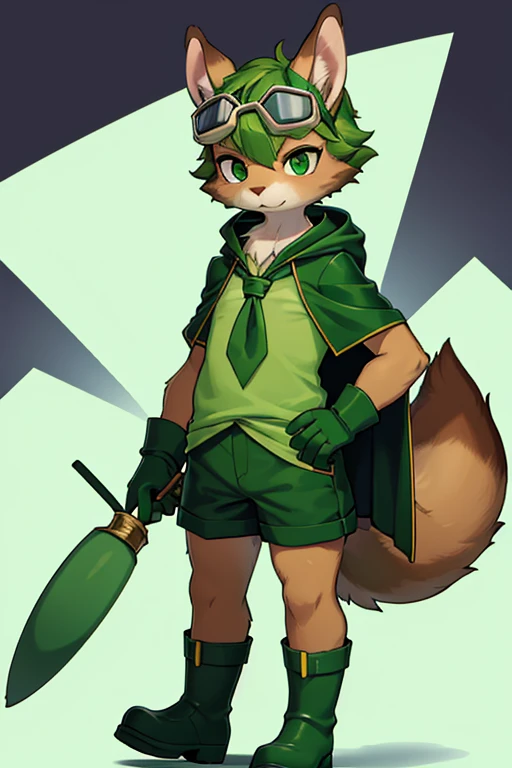 boy, furry, blown squirrel ears, animal ear fluff, bodyfur, blown squirrel tail, green goggles, green club budge, green neckerchief, green salior collar, green cloak, light green polo shirt, short sleeves, green shorts, green rubber gloves, green wellingto...