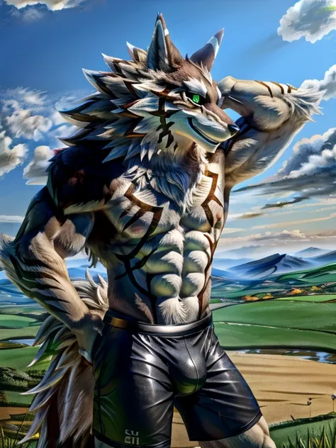 Wolf,male,adult,alone,4K,best quality,HD,white fur,furry tail,Topless,bare chest,chest muscles,pink nipples, Six-pack abs, biceps,anatomically correct,Delicate fur,pride,soft shadow,majestic,Detailed face, HD的眼睛,green eyes,black pupils,Sharp eyes,Grandiose...