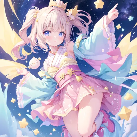 1girl、vtuber-fullbody、Star Fairy、masterpiece、official art、Super detailed、super beautiful、かわいいStar Fairy、white straight short hair、Milky Way、universe、star charm、star、baby face、Knee-high boots、Japanese pattern dress、A beautiful girl wearing black and white c...