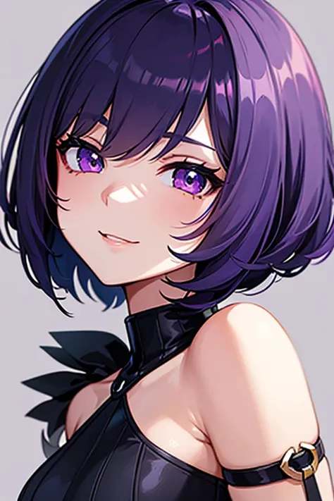 Anime-style portrait of a girl with a violet bob cut making eye contact with the camera, bright eyes, subtle smile, minimalistic background to emphasize character, high contrast, clean lines, digital painting, vivid colors