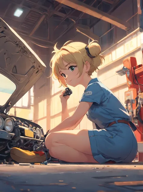 A masterpiece  Mickey Mouse as a Mechanic fixing a car, perfect body, perfect head,  HD、Cat ear、Bob Cut Blonde Hair、big breasts