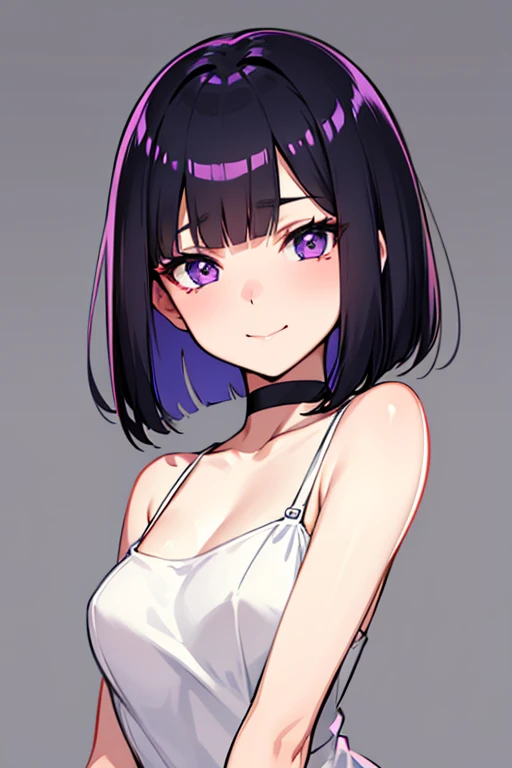 Anime-style portrait of a girl with a dark violet bob cut making eye contact with the camera, bright eyes, baby-faced, subtle smile, minimalistic background to emphasize character, high contrast, clean lines, digital painting, vivid colors