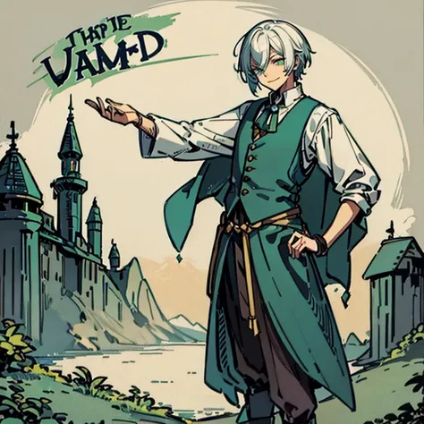 Human Male , Wizard  , white short Tied hair, Clear Skin ,waistCoat ,dark age Clothing ,smug face , Green pupils ,Smile , Farm Gloves ,solo ,Full body , Four colors 