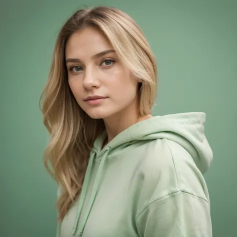 Arafed woman in a green hoodie poses for a photo, Color portrait, Girl wearing hoodie, High quality portrait photoshoot, Soft Portrait Shot 8K, 60mm portrait, High quality portrait, Photo shoot for a skin care brand, 70mm portrait, Julia Gorochova, Color s...