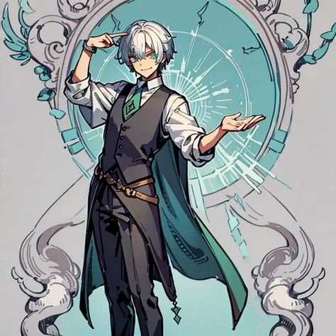 Human Male , Wizard  , white short  hairStyle , Clear Skin ,waistCoat ,dark age Clothing ,smug face , Green pupils ,Smile , Farm Gloves ,solo ,Full body , Four colors 