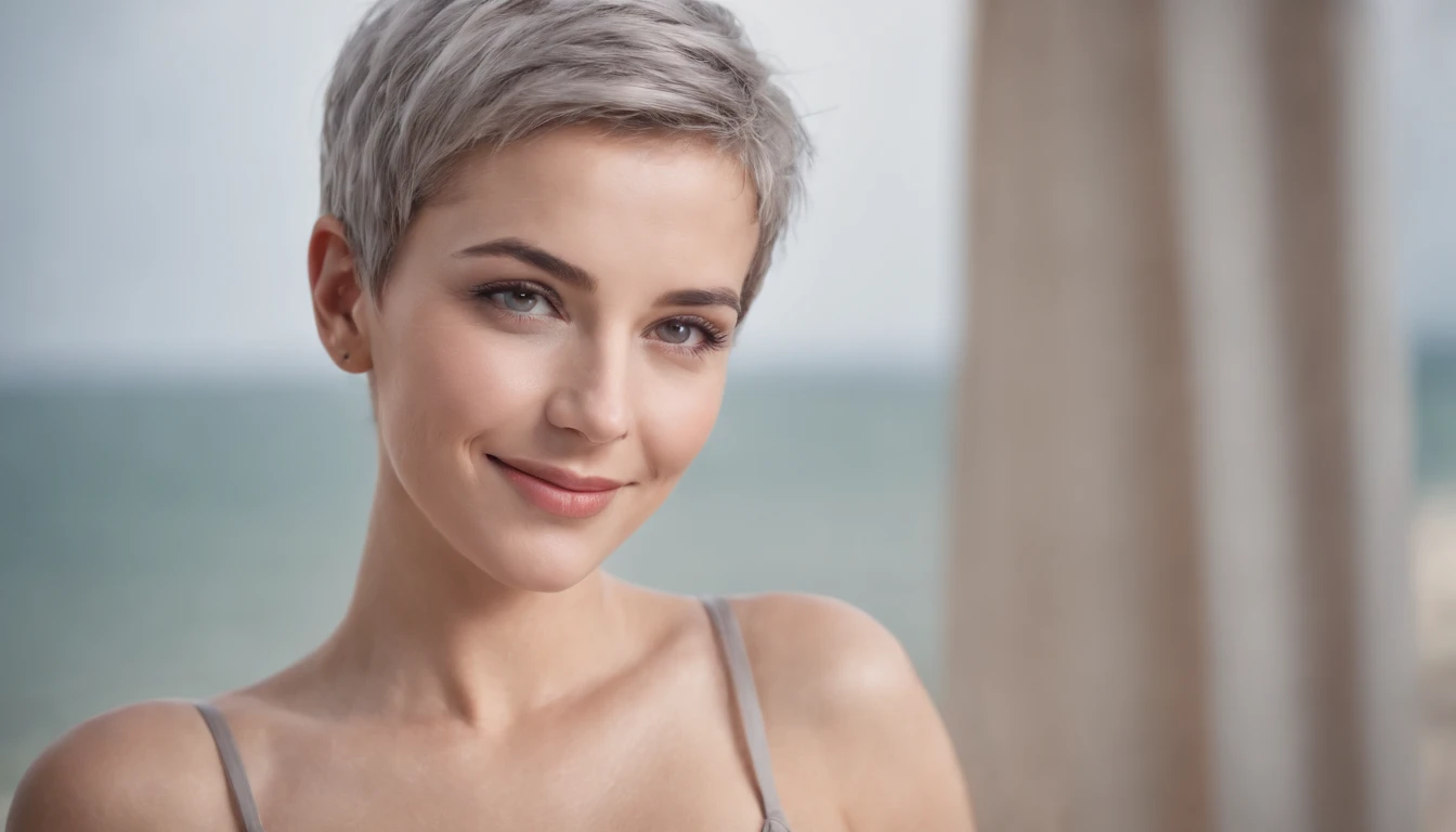 A sexy G-cup beauty with a short grey haircut, heterochromia and a lovely smile. A nice body that looks good in a sexy bikini.