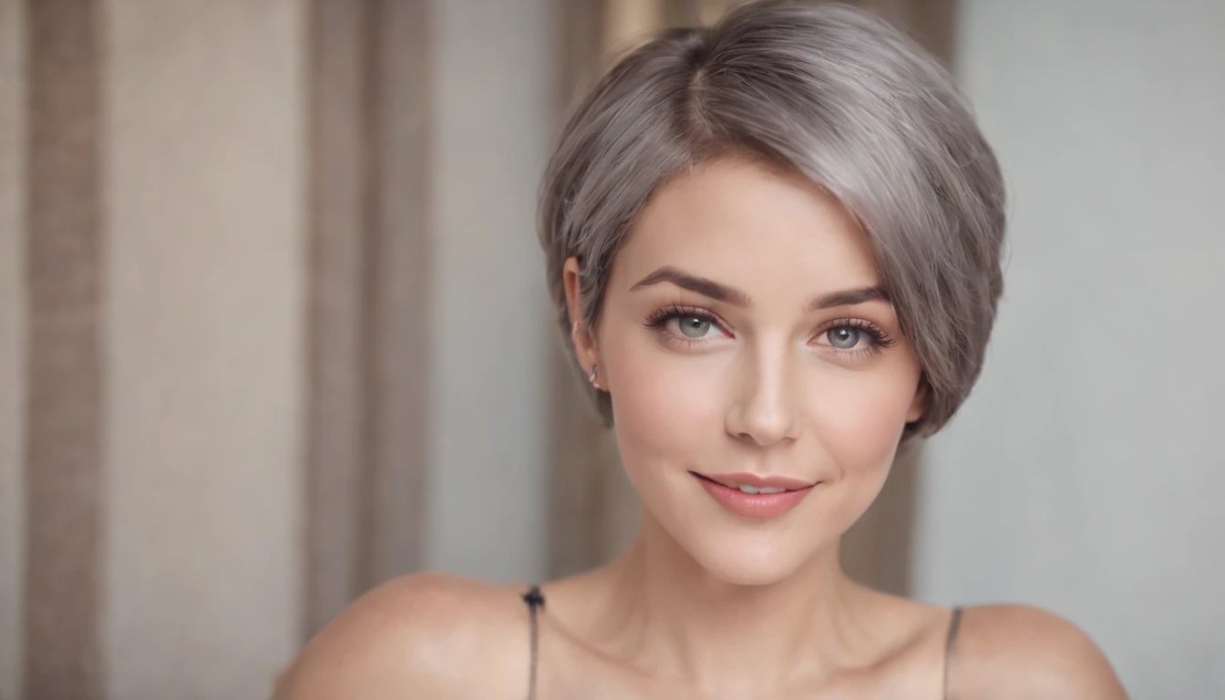 A sexy G-cup beauty with a short grey haircut, heterochromia and a lovely smile. A nice body that looks good in a sexy bikini.