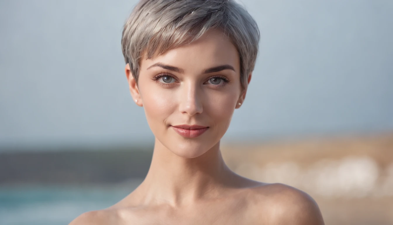 A sexy G-cup beauty with a short grey haircut, heterochromia and a lovely smile. A nice body that looks good in a sexy bikini.