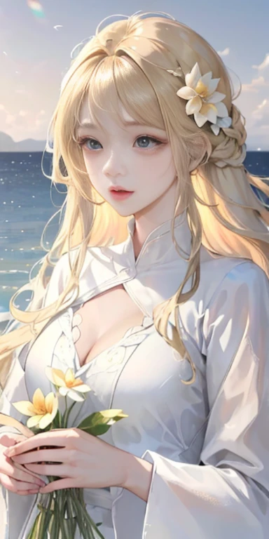 (disorganized, High resolution, super detailed), 1 girl, alone, mature, (long blonde hair), salt, long sleeve, elegant, holy, colorful, most detailed, in water, floating hair, flower, think back, Upper body