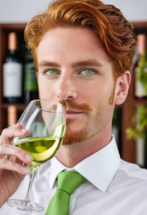 [CEO DE EMPRESA] Alto  (Branco) Redhead with light green eyes holding a glass of wine   (Sexo: masculino)