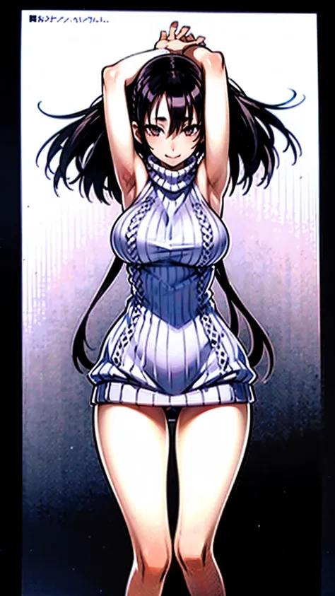 (Best Quality, masterpiece), 1girl, smile, (young girl), (armpits), (arms behind head), (Black hair), short hair, (virgin_killer_sweater:1.4), (standing), (simple_background),