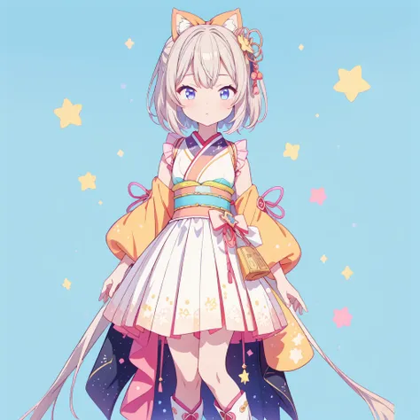 1girl、vtuber-fullbody、Star Fairy、masterpiece、official art、Super detailed、super beautiful、かわいいStar Fairy、white straight short hair、Milky Way、universe、star charm、star、baby face、Knee-high boots、Japanese pattern dress、A beautiful girl wearing black and white c...