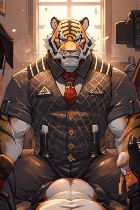 a cartoon picture of a tigre in a suit sitting on a bench, a character portrait inspired by ryūsei kishida, pixiv, arte peludo, ...