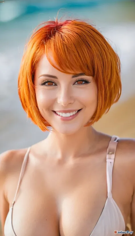 She has short orange hair, red eyes, a lovely smile, a small face, and a nice body that looks great in a bikini that matches her G-cup breasts.