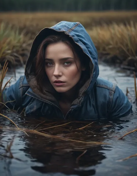 A close-up woman drowns in a bog, wearing a jeans and a down jacket. (best quality,4k,8k,highres,masterpiece:1.2), ultra-detailed, (realistic,photorealistic,photo-realistic:1.37), HDR, UHD, studio lighting, extreme detail description, professional, vivid c...