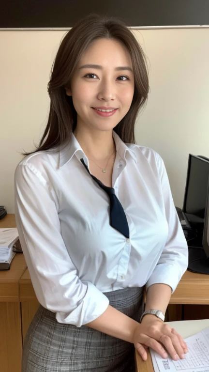 ((highest quality, 8K, masterpiece, portrait: 1.3)), (looking at the viewer), (full shot:0.85), attractive business mature woman, 1 person、 white collared shirt, gray skirt,((big breasts 2.2)) (big pelvis:0.3),((Chubby 1.3))、 (officeの机にあぐらをかいて座っている)), smil...