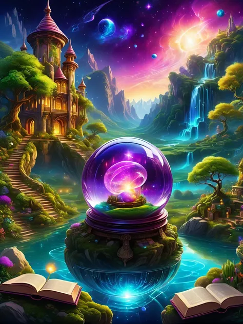 magical world，old and mysterious castle，purple stone，gemstone decoration，glowing plant，silver creek，colored clouds，strange creat...