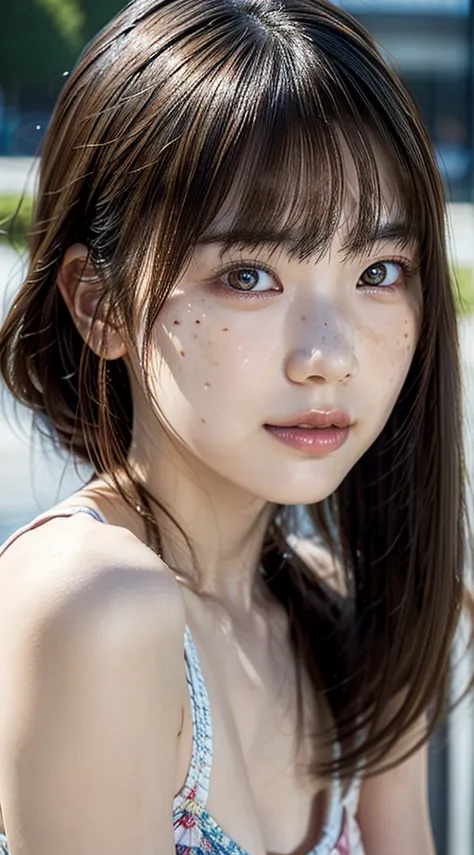 Freckled woman posing for a photo, kawaii realistic portrait, spotted ultra realistic, 8K Art Germ Bokeh, photorealistic beautiful face, hyper realistic anime, photorealistic anime, hyper-realistic cg, Light and cute freckles, realistic. Chen Yi, hyperreal...