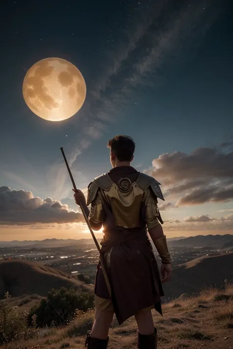 
A young man stands on a hilltop, his back to the viewer. Hes dressed golden armor facing the camera, and hes carrying a staff in his hand. In the background, a colorful sky is filled with swirling clouds, and the sun is setting in the distance. In the for...