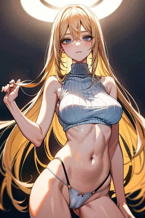 Two-dimensional beautiful girl  , nsfw, long blonde hair、light blue eyes、slender face、(coarse knit)、big breasts、Bangs divided into left and right、sleeveless、Tube top、Micro Hot Pants、cameltoe, thong, Tanga, g-strings, 