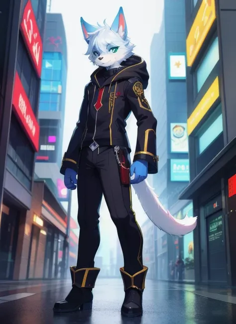 Award winning beautiful portrait commission of a male furry anthro protogen fursona with a tail and a cute beautiful attractive detailliert furry face wearing stylish cyberpunk clothes, Gliederung, In einer Stadt nachts, while it rains. Charakterdesign von...