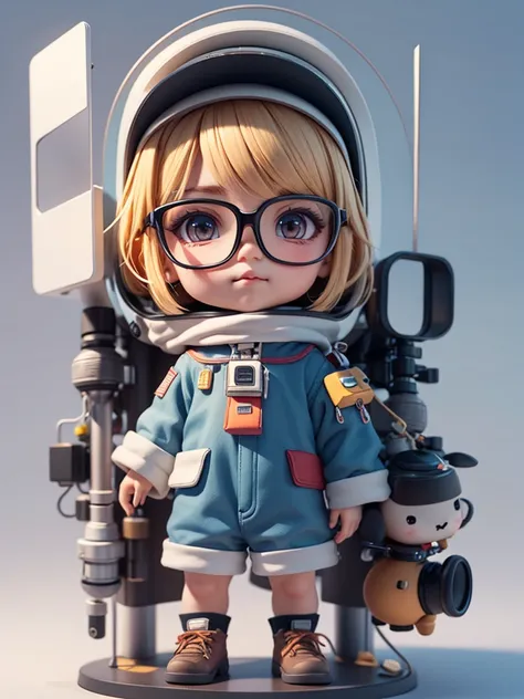 There is a little doll with a helmet and a helmet, boy wearing black glasses, Lovely 3D rendering, Little boy astronaut wearing big black glasses looking up, Large black plastic glasses, full  sleeve tattoo on arms, tattoo, Portrait cartoon space cadet boy...