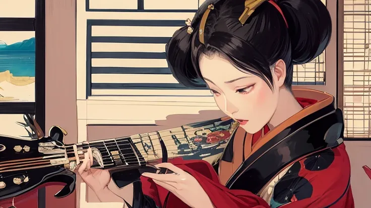 Arabian woman in kimono playing guitar in the room, inspired by Itō Shinsui, Ukiyo-eの芸術スタイルで, Inspired by Shoen Uemura, ukiyoe style, Japanese art style, Ukiyo-e, Inspired by Gyokudō Kawai, classical japanese art, inspired by Koson Ohara