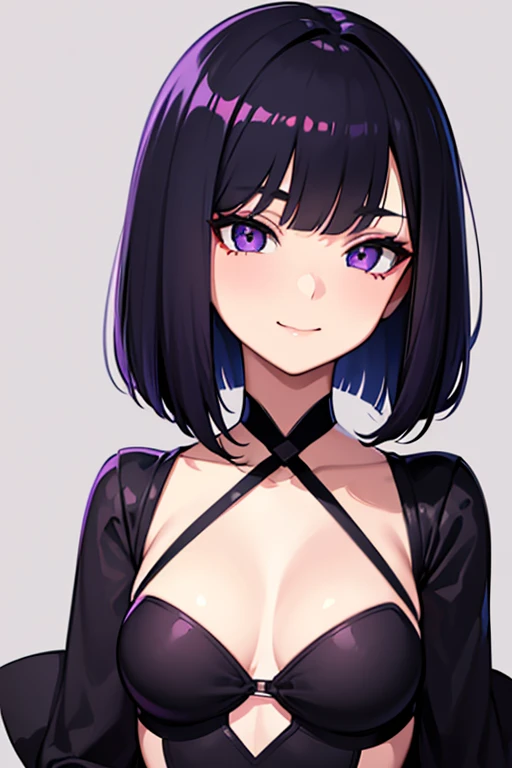 Anime-style portrait of a girl with a dark violet bob cut making eye contact with the camera, bright eyes, baby-faced, subtle smile, minimalistic background to emphasize character, high contrast, clean lines, digital painting, vivid colors