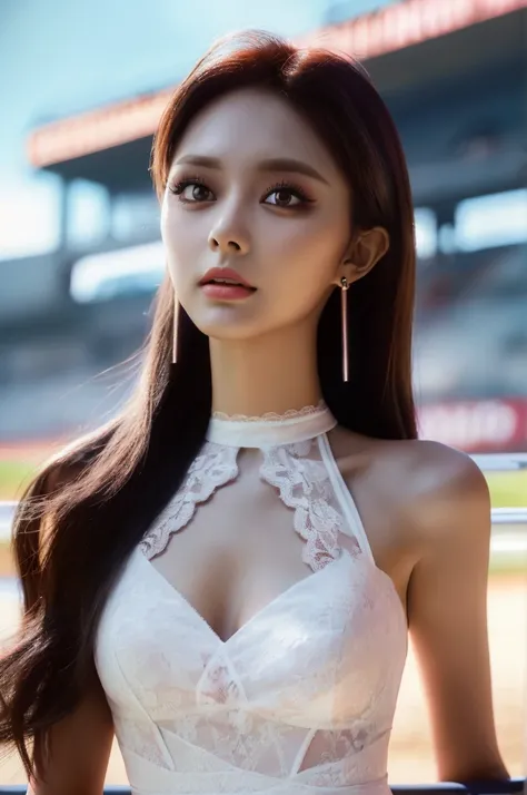 Tzuyu 1, woman, (realistic), (hyper realism), (photorealistic), Depth of the bounds written, eye make up:0.9, (whole body:1.2), (tight waist), looking at the viewer,at the racing track, lace queen, Sexy dress with open shoulders and chest