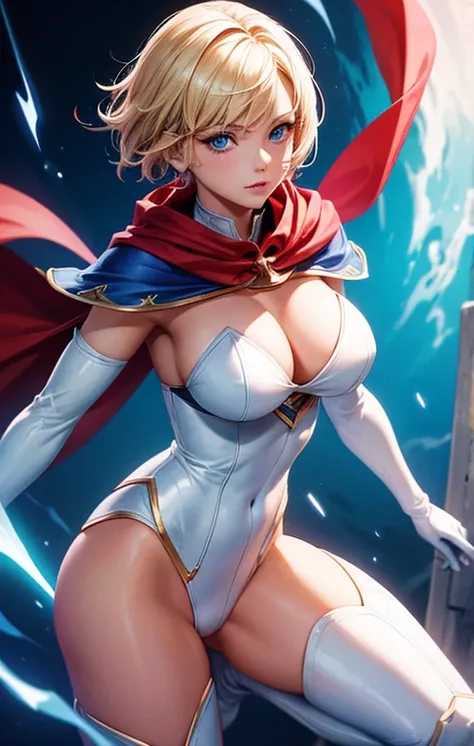 create a digital painting, 4k, best quality, SexyToon, A blonde woman with short hair and blue eyes wearing a white costume with red cape and blue gloves with the S symbol on her chest, very detailed, high quality, modern comic style