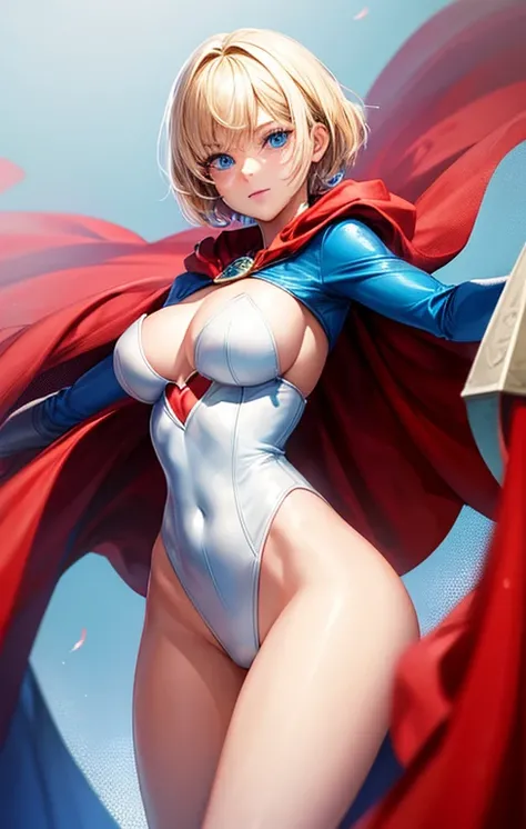 create a digital painting, 4k, best quality, SexyToon, A blonde woman with short hair and blue eyes wearing a white costume with red cape and blue gloves with the S symbol on her chest, very detailed, high quality, modern comic style