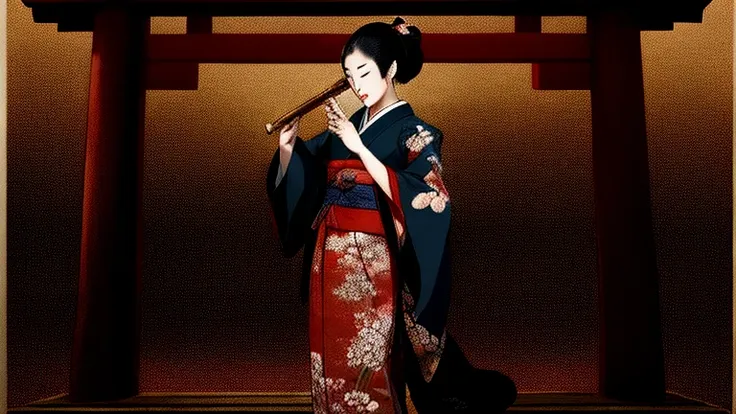 arabian woman in kimono holding a large musical instrument, japanese art style, japanese traditional concept art, 封建的なjapanese a...