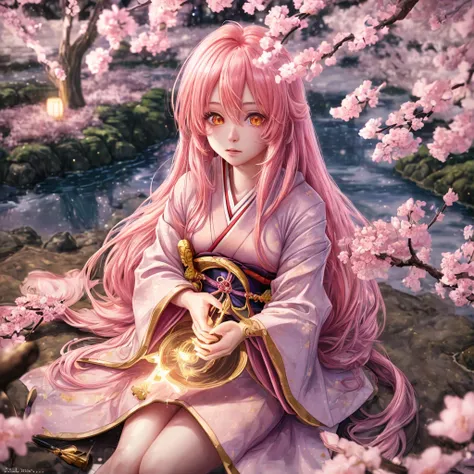 (best quality, highres, ultra-detailed), bokeh effect, hyperrealistic landscape, natural light, one girl with long pink hair, golden eyes, under Sakura tree, wearing a Japanese , holding a magic wand, starry night sky