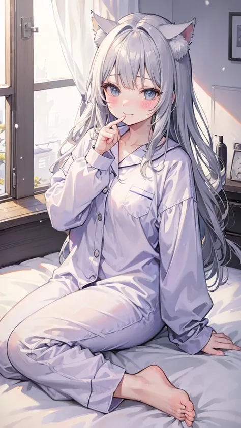 gray hair、Cat ear、、smile、blushing cheeks、snow、、small breasts、sitting on the bed、Sitting like a clumsy kid、sleepy eyes、Pajamas、yawning