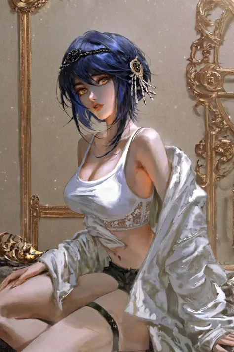 masterpiece, absurdres, very aesthetic, amazing quality, (by nixeu:0.6), by rella, 1girl, full body, milf body, Kujou Sara (genshin impact), blue hair, [[sparkling eyes]], golden eyes, detailed lips, parted lips, (solo), seductive pose, (intricate bra, ope...