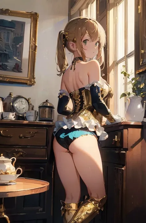 (masterpiece:1.8),(highest quality:1.8),(Super detailed:1.8),(8K:1.8),(Ultra-fine illustration:1.5),cute single mature woman,skinny,small ass,Up Twin Tail,flat chest,small breasts,(Shiny metallic gold color,ruffle panties),,Gold Corset,choker,Gold Long Glo...