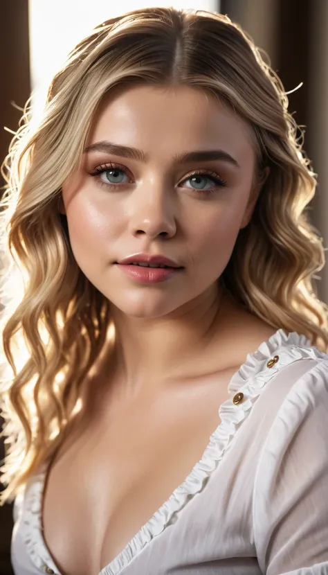 Chloe Grace Moretz, Beautiful Woman, players perspective, Lens Flare, f/2.8, 50mm, Leica, Braids, (Masterpiece, Top Quality, High Resolution:1.4), 1 girl, 30 years old, large breasts, angel, abs, skin pore texture, HD 4K, 8K, photo, cinematic, full body po...