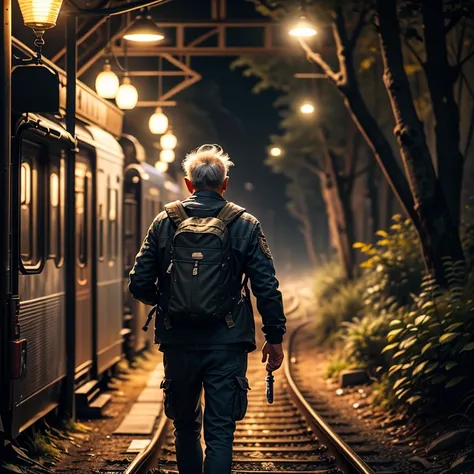 realistic image of old man with a backpack and traveler's outfit, carrying a flashlight, walking along a train track in the midd...